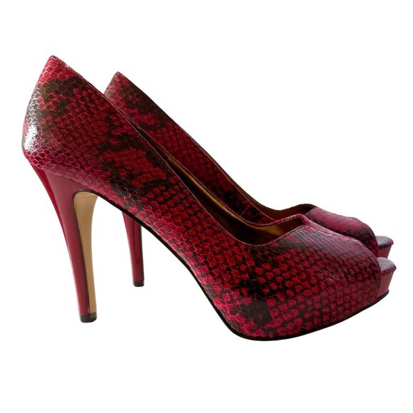Nine West Red Snakeskin Print Peep-Toe Platform Heels - Sz. 8 - Like New - Picture 1 of 4
